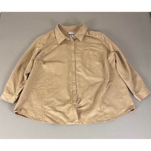 Catherines Button Down‎ Shirt Top Plus Size 2X Beige Faux Suede Tan Long Sleeve - Picture 1 of 11